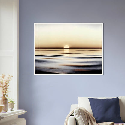 A minimalist seascape capturing the calm of sunrise, where golden light reflects softly on gentle ocean waves.