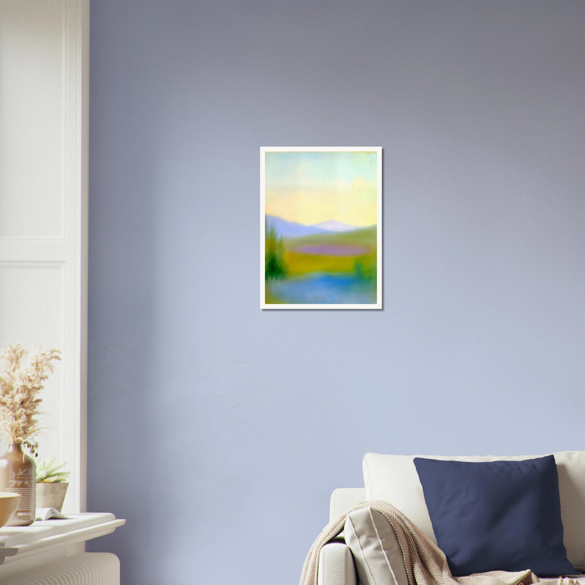 Dreamlike hills, blue waters, and lavender fields glow beneath a pale sky in a tranquil countryside scene.