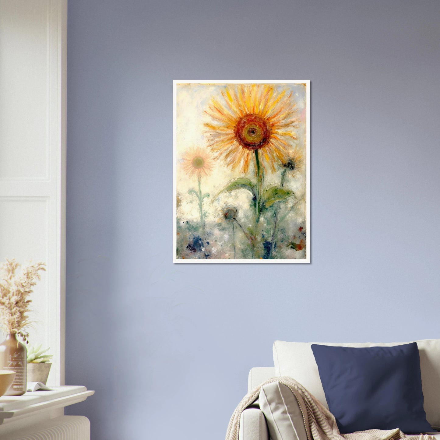A luminous sunflower radiates warmth and hope, its golden petals glowing softly against a misty pastel background.