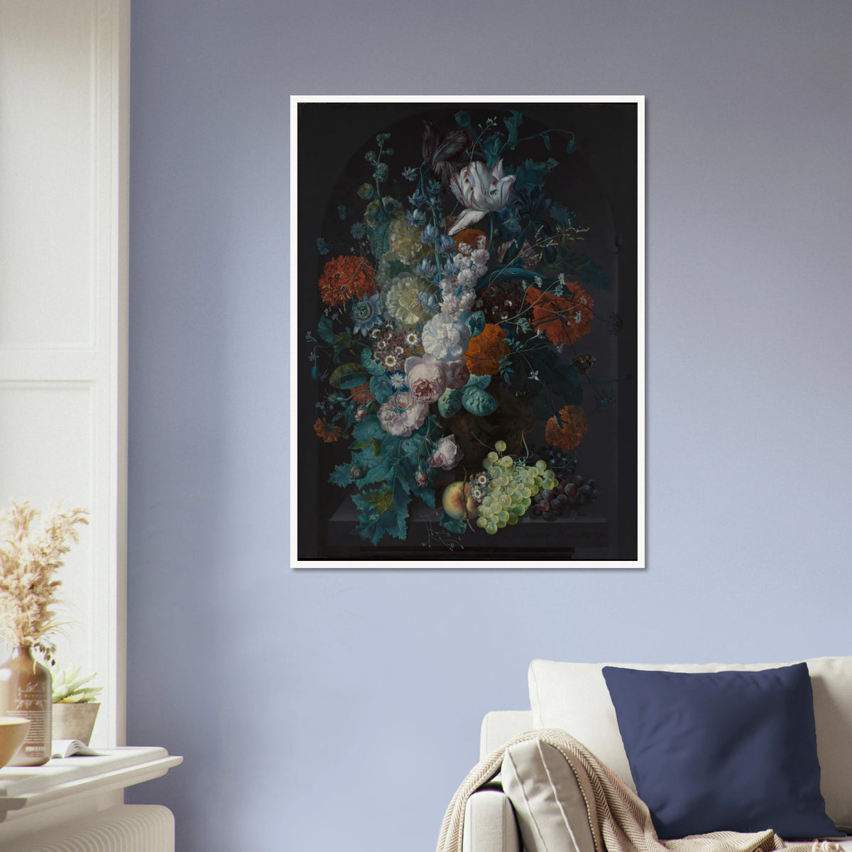 Lavish bouquet of tulips, roses, and peonies with grapes and peaches against a dark background.