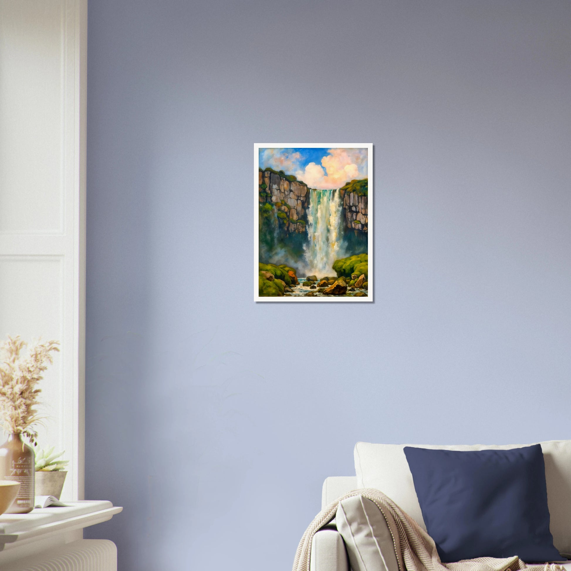 A majestic waterfall plunges between rocky cliffs into misty waters below, framed by lush green moss and glowing skies.