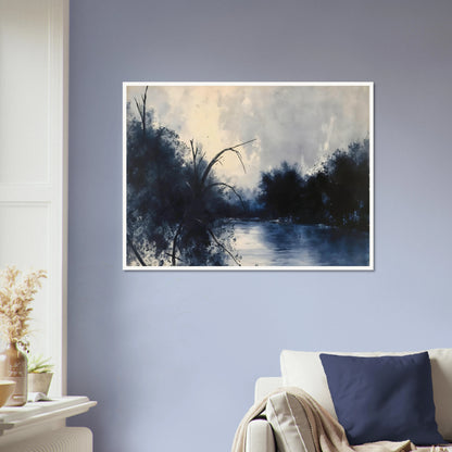 Blue river flows between dark trees beneath a pale cloudy sky in a moody woodland scene.