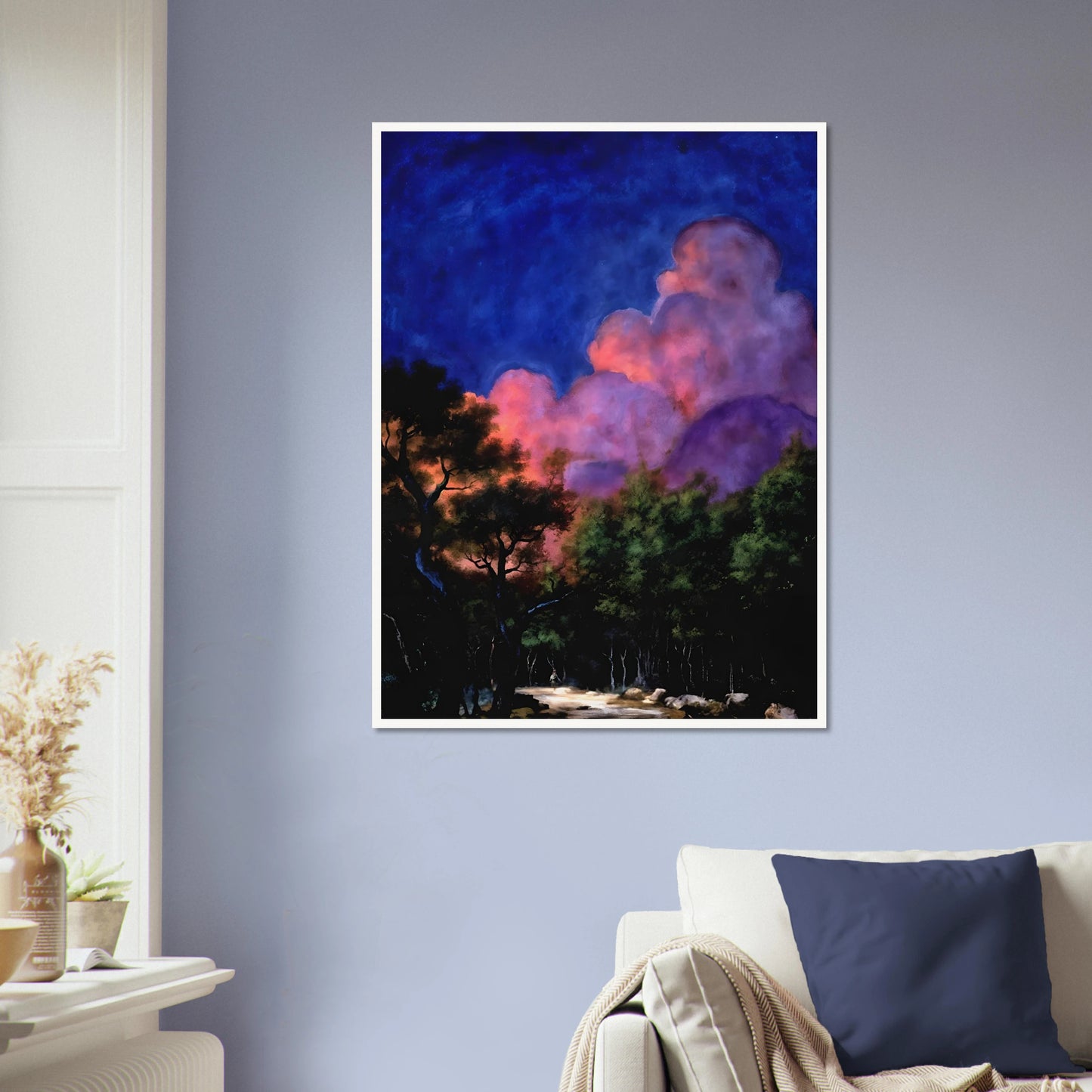 Dreamlike night landscape with deep blue sky, glowing pink clouds, shadowed trees, and luminous forest path beneath radiant twilight.