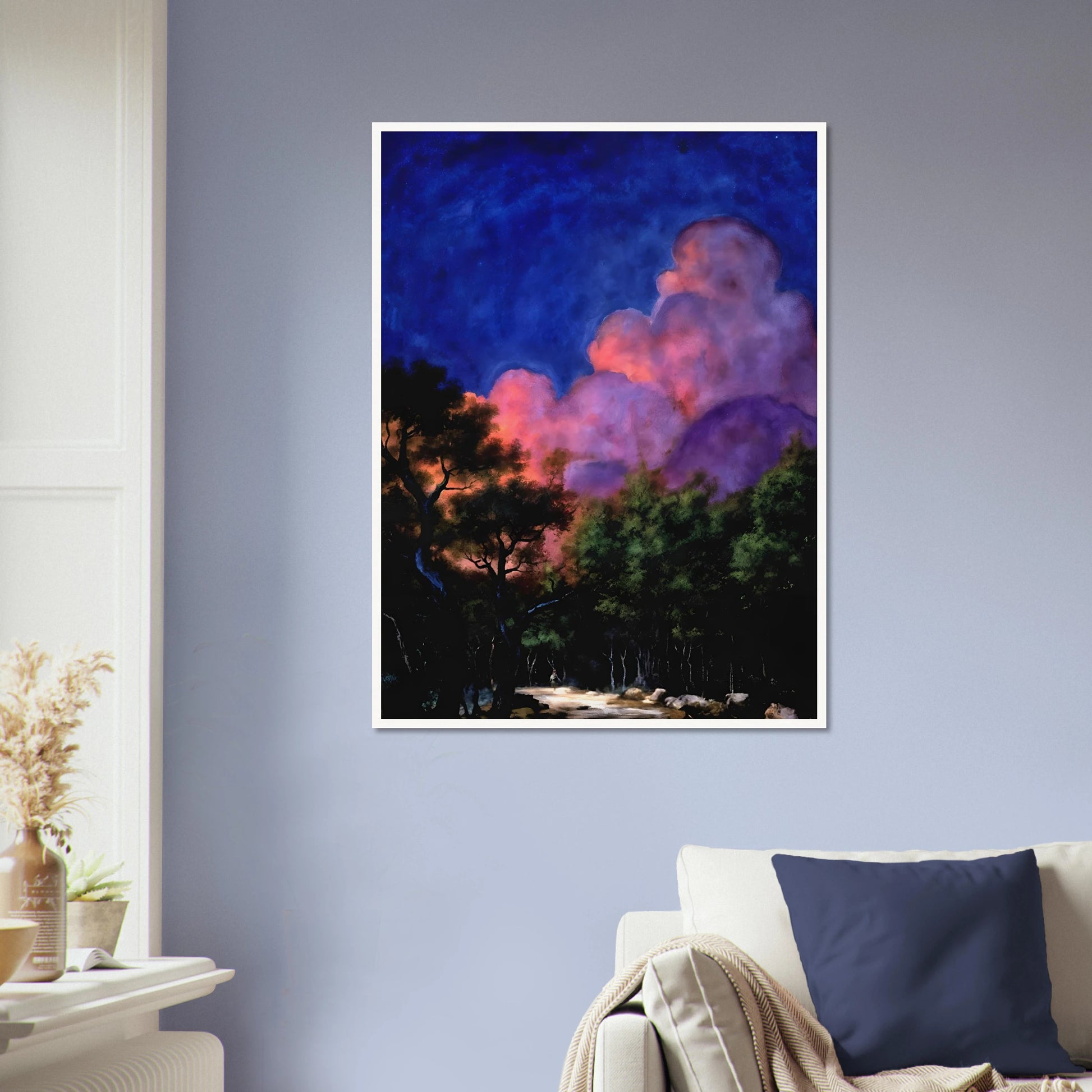 Dreamlike night landscape with deep blue sky, glowing pink clouds, shadowed trees, and luminous forest path beneath radiant twilight.