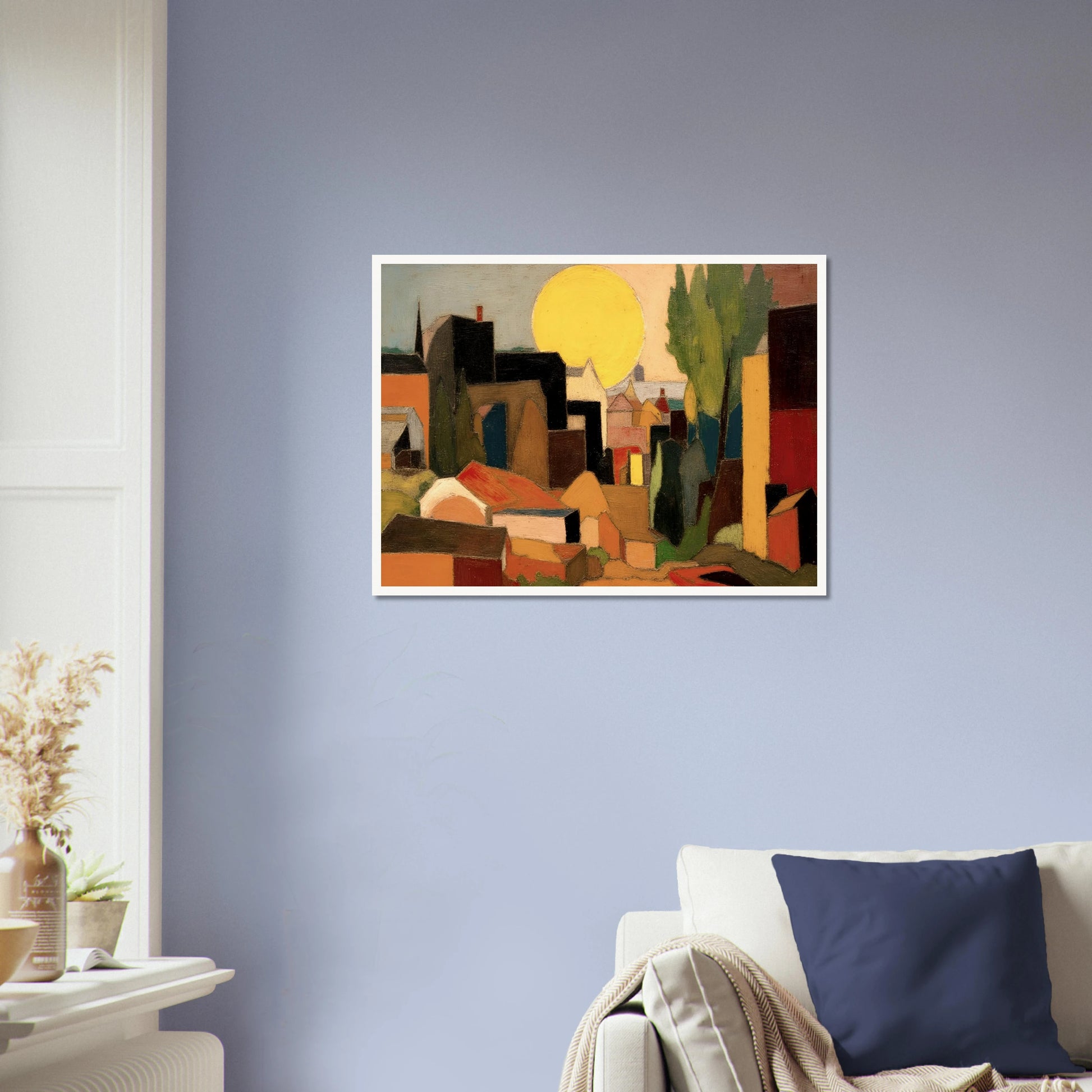 A stylized village landscape featuring geometric houses, tall trees, and a large golden sun rising or setting behind the rooftops in warm earthy tones.