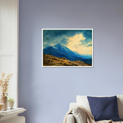 Majestic blue mountain peaks rise above golden rolling plains beneath luminous clouds, blending grandeur, distance, and tranquil wilderness.