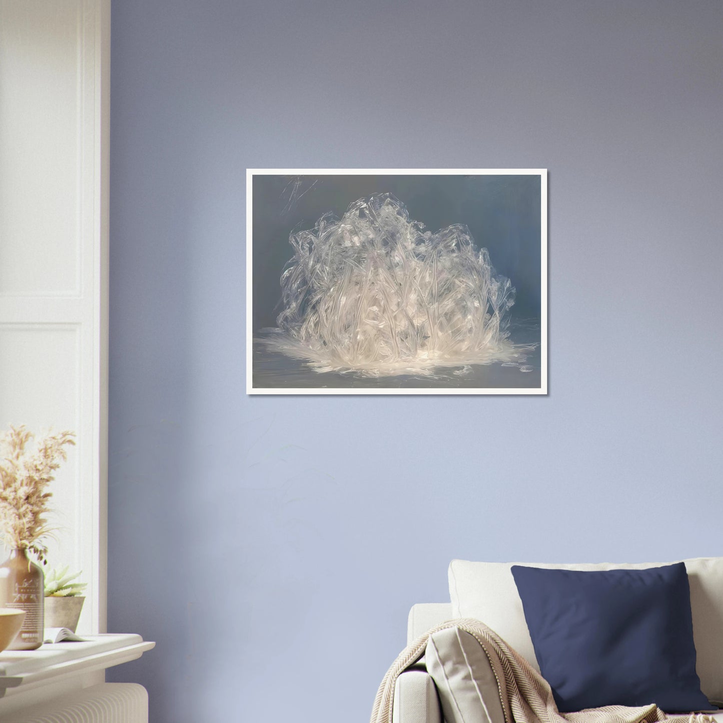 Luminous crystalline strands gather like frozen grass or glass fibers, glowing softly against a cool misty blue-gray expanse.