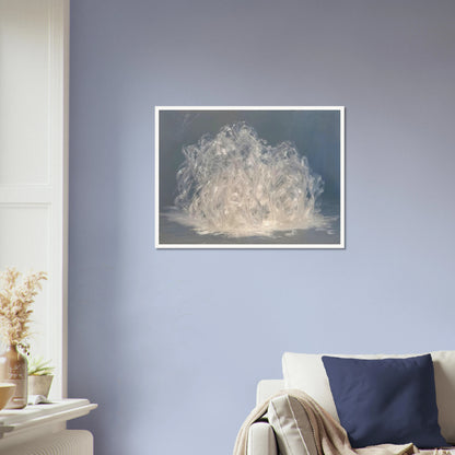 Luminous crystalline strands gather like frozen grass or glass fibers, glowing softly against a cool misty blue-gray expanse.