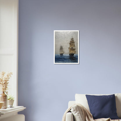 A captivating seascape featuring two tall ships with billowing sails drifting over deep blue waters, set against a textured, misty sky.