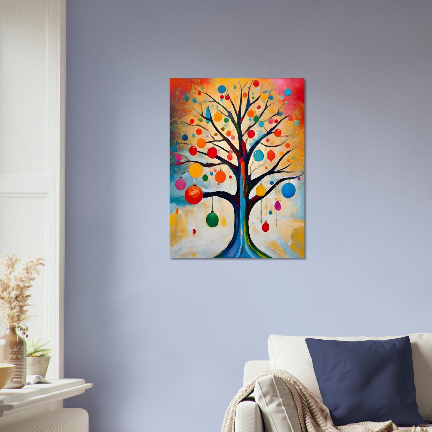 A vibrant painting of a bare tree adorned with colorful ornaments, set against a glowing background of warm yellows, oranges, and blues.