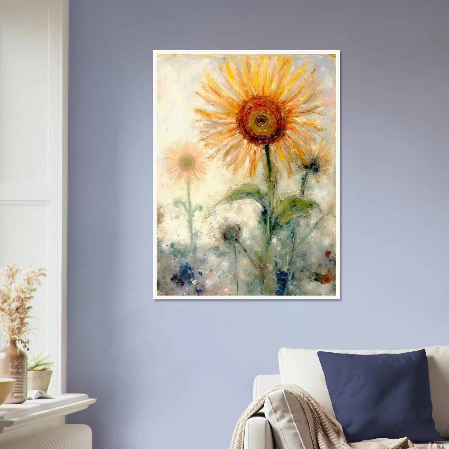 A luminous sunflower radiates warmth and hope, its golden petals glowing softly against a misty pastel background.