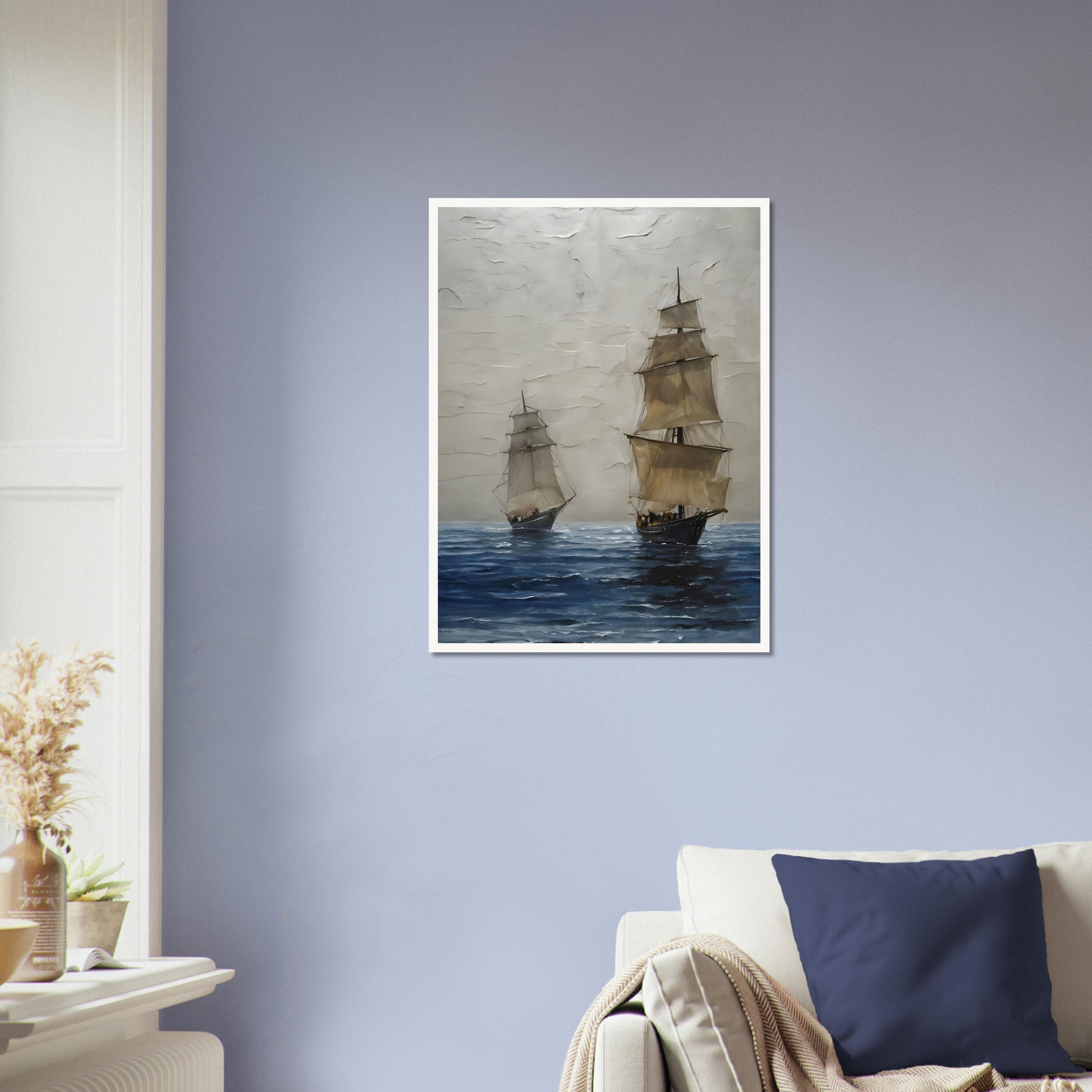 A captivating seascape featuring two tall ships with billowing sails drifting over deep blue waters, set against a textured, misty sky.