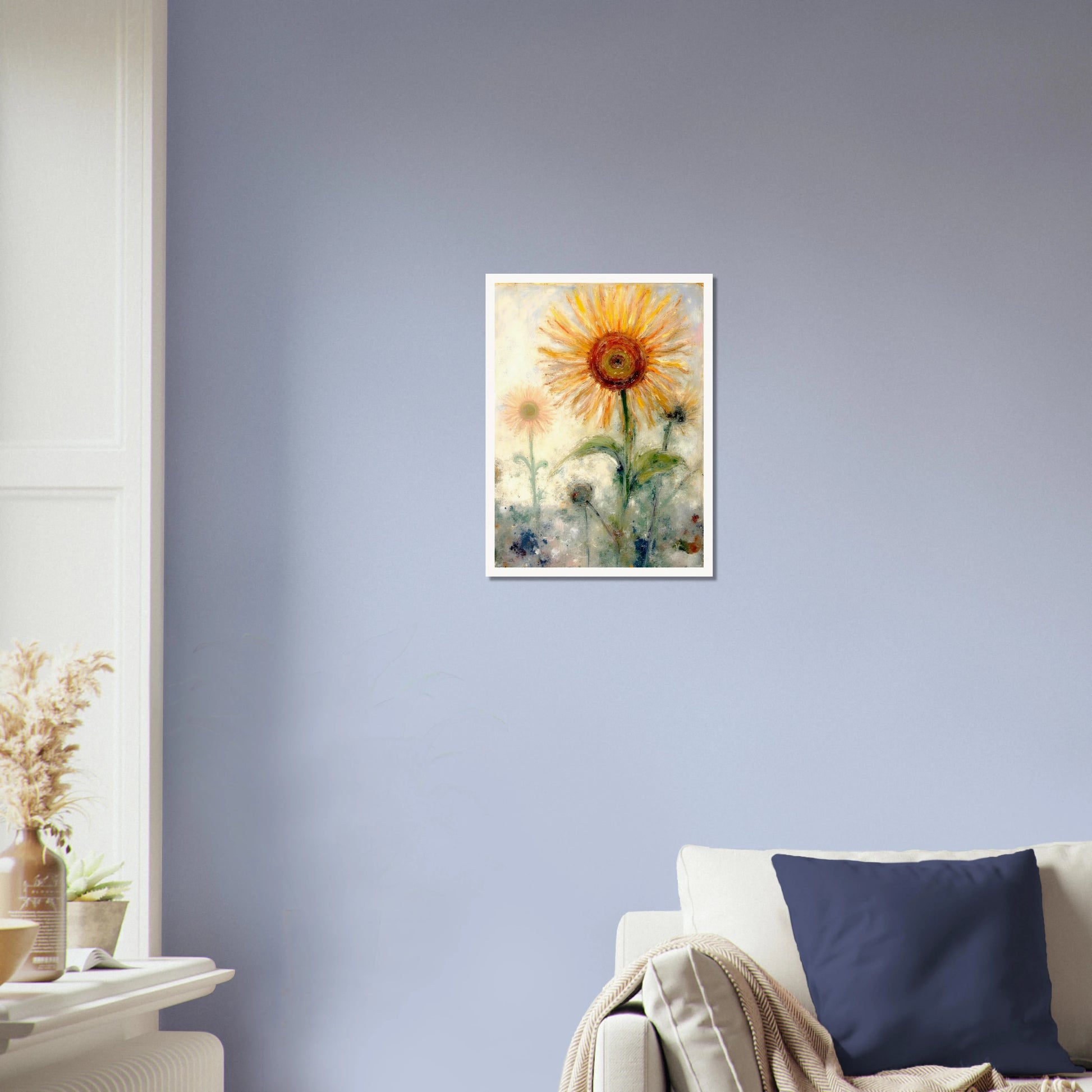 A luminous sunflower radiates warmth and hope, its golden petals glowing softly against a misty pastel background.