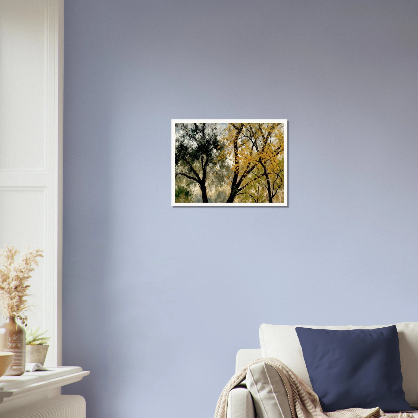 Two tall trees, one with golden yellow leaves and one with dark green foliage, stand against a softly textured sky.