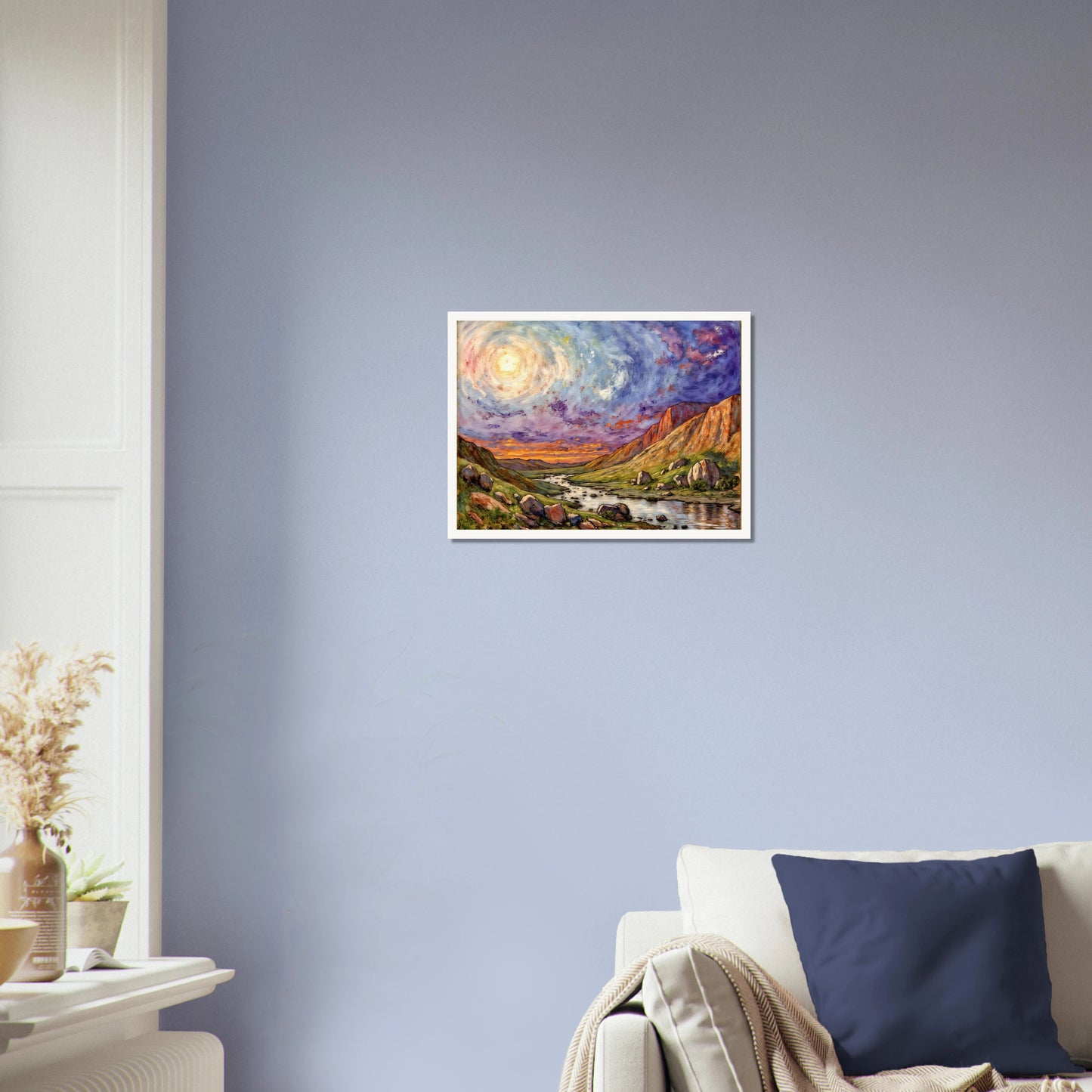 Luminous swirling sky above a rugged canyon valley with winding river, glowing cliffs, and vibrant twilight tones in a dramatic landscape.