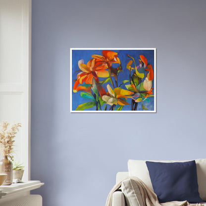 A vibrant floral painting with bold orange, yellow, and green flowers against a deep blue background, creating a striking contrast of warm and cool tones