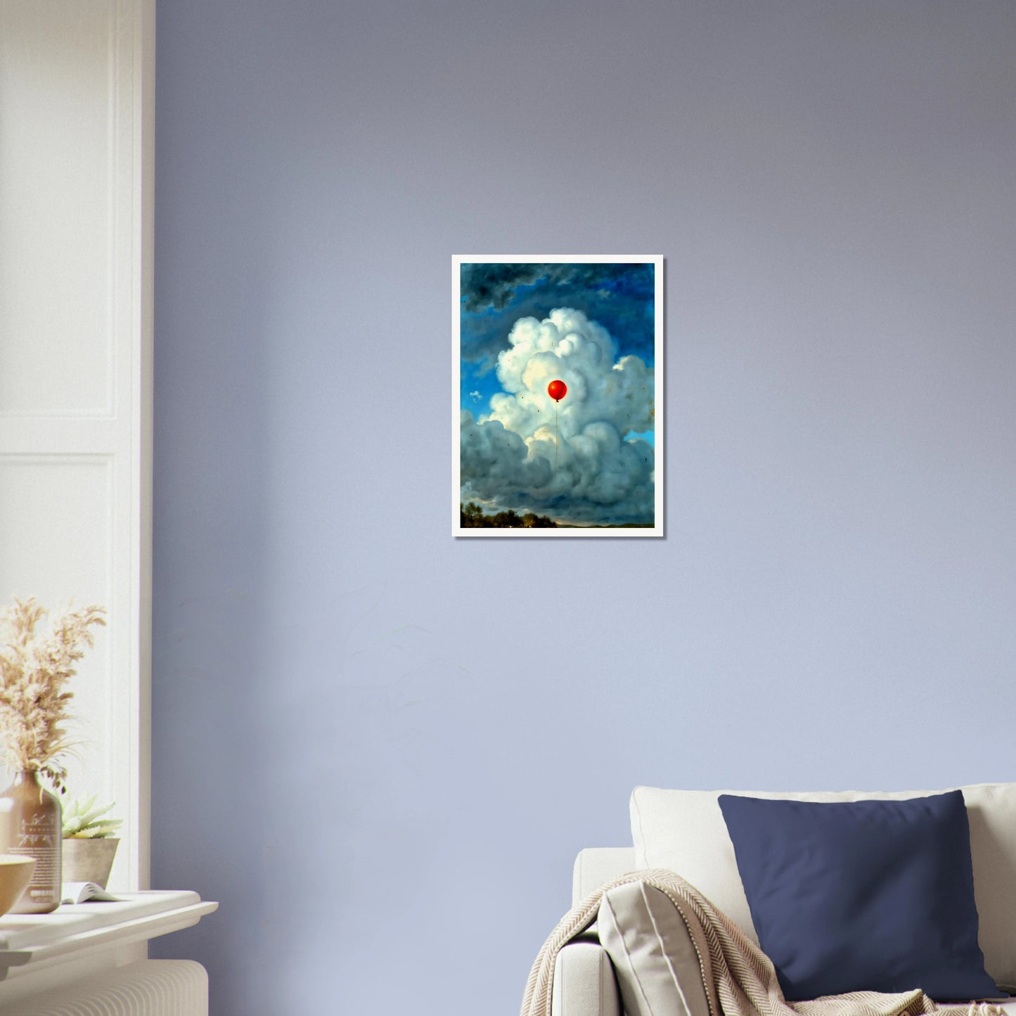 Single red balloon floating through towering white clouds against a dramatic blue sky, creating a surreal scene of hope and wonder.