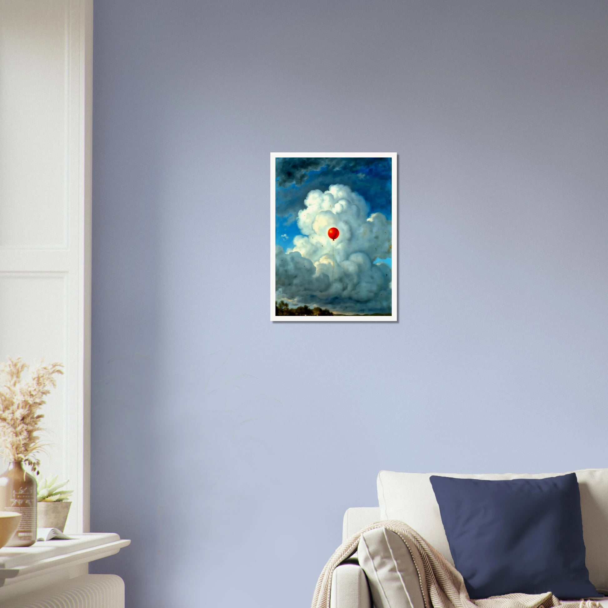 Single red balloon floating through towering white clouds against a dramatic blue sky, creating a surreal scene of hope and wonder.