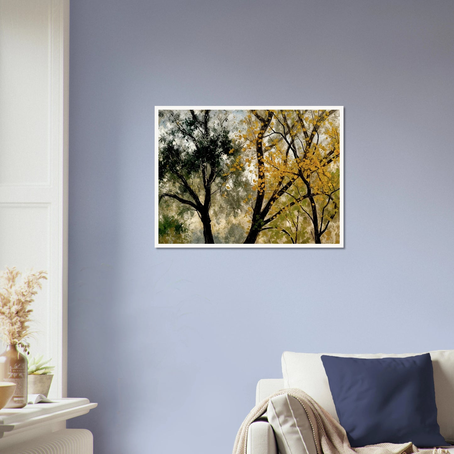 Two tall trees, one with golden yellow leaves and one with dark green foliage, stand against a softly textured sky.