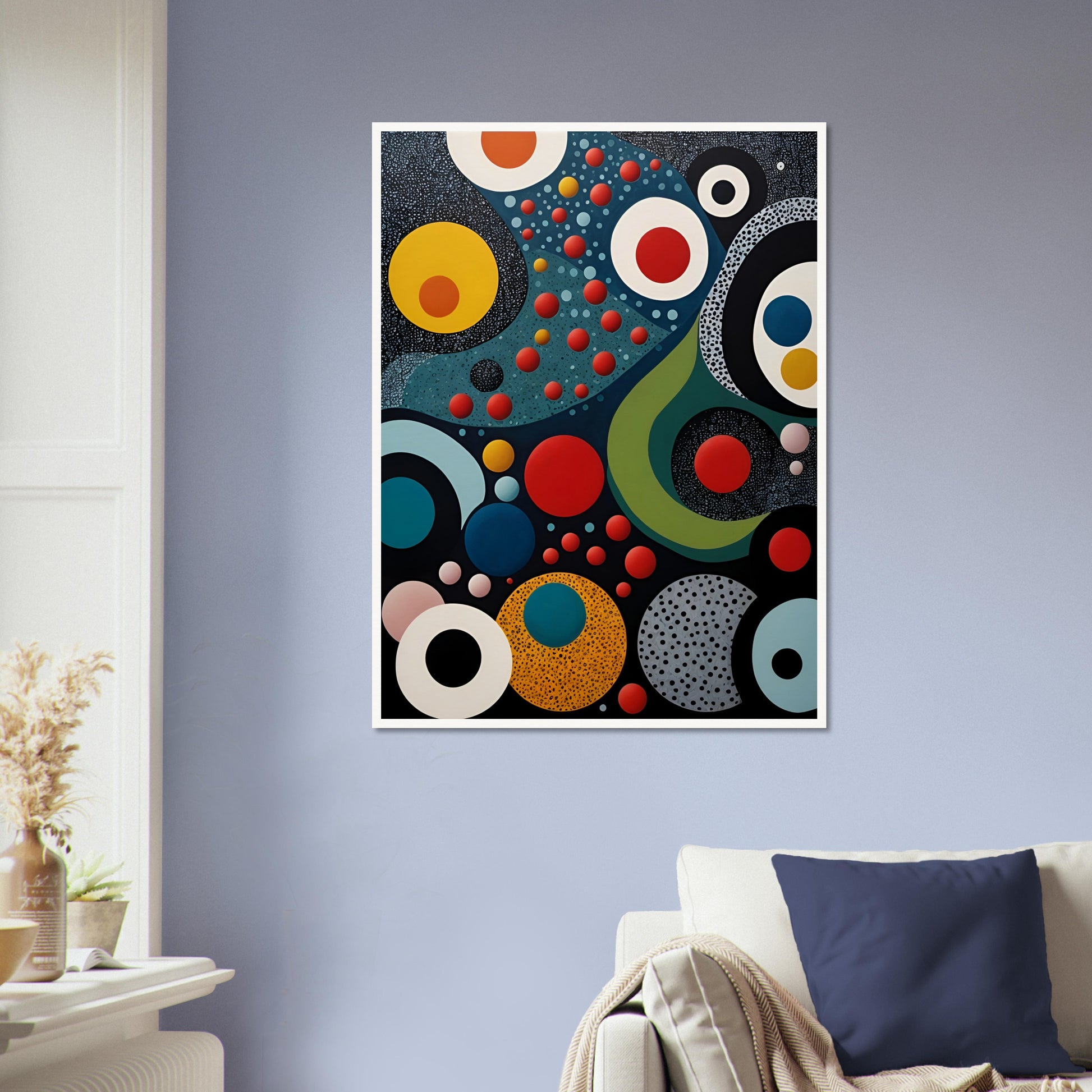 A vibrant geometric painting with bold circles, dots, and flowing shapes in red, blue, yellow, and black, resembling a cosmic abstract scene.