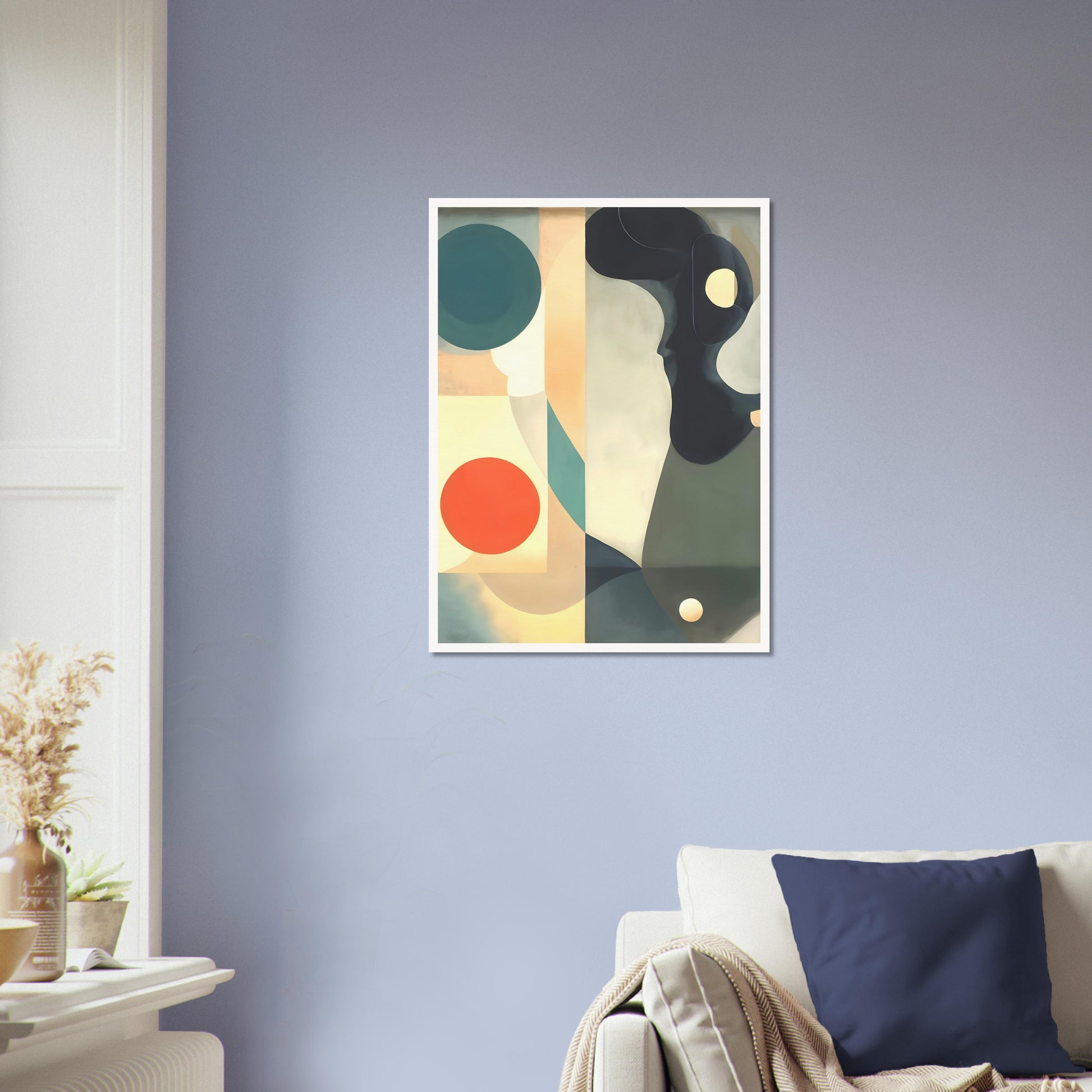 A serene composition featuring flowing shapes, bold circles, and muted tones of teal, orange, and cream, creating a modern abstract design.