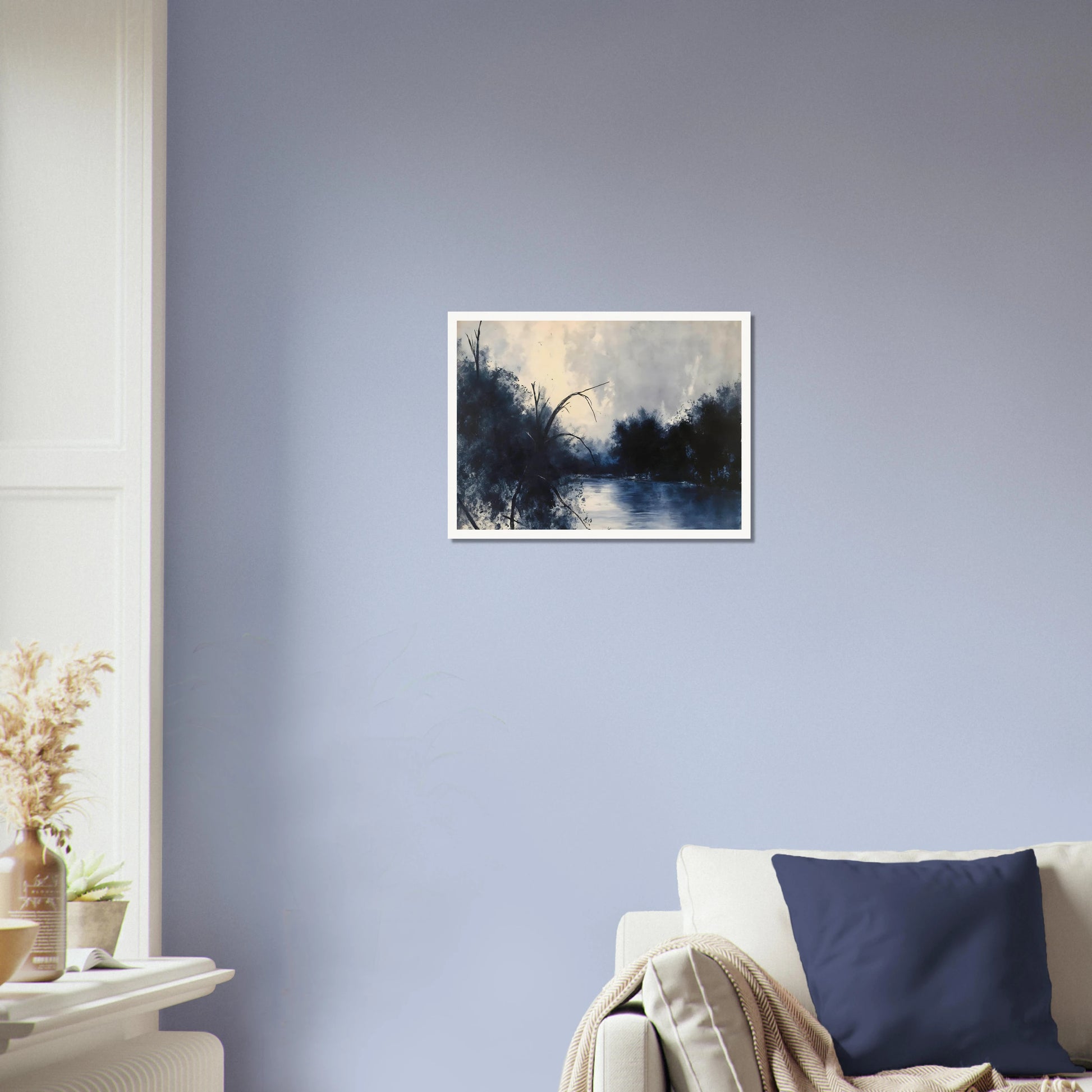 Blue river flows between dark trees beneath a pale cloudy sky in a moody woodland scene.