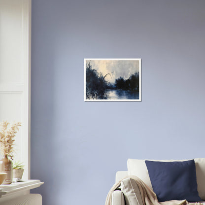 Blue river flows between dark trees beneath a pale cloudy sky in a moody woodland scene.