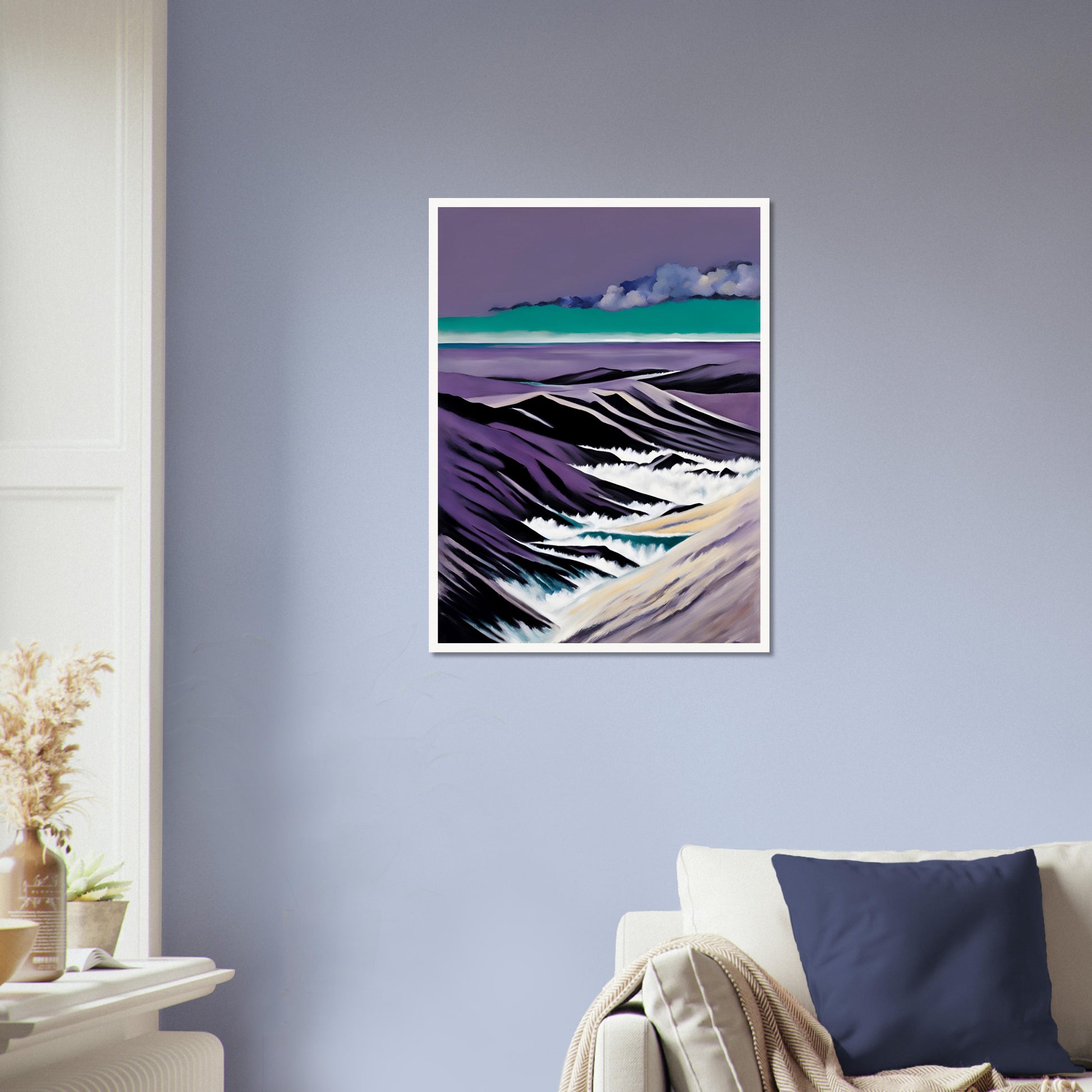 A striking seascape with deep purple mountains, foamy white waves, and a teal horizon beneath dramatic cloud formations.