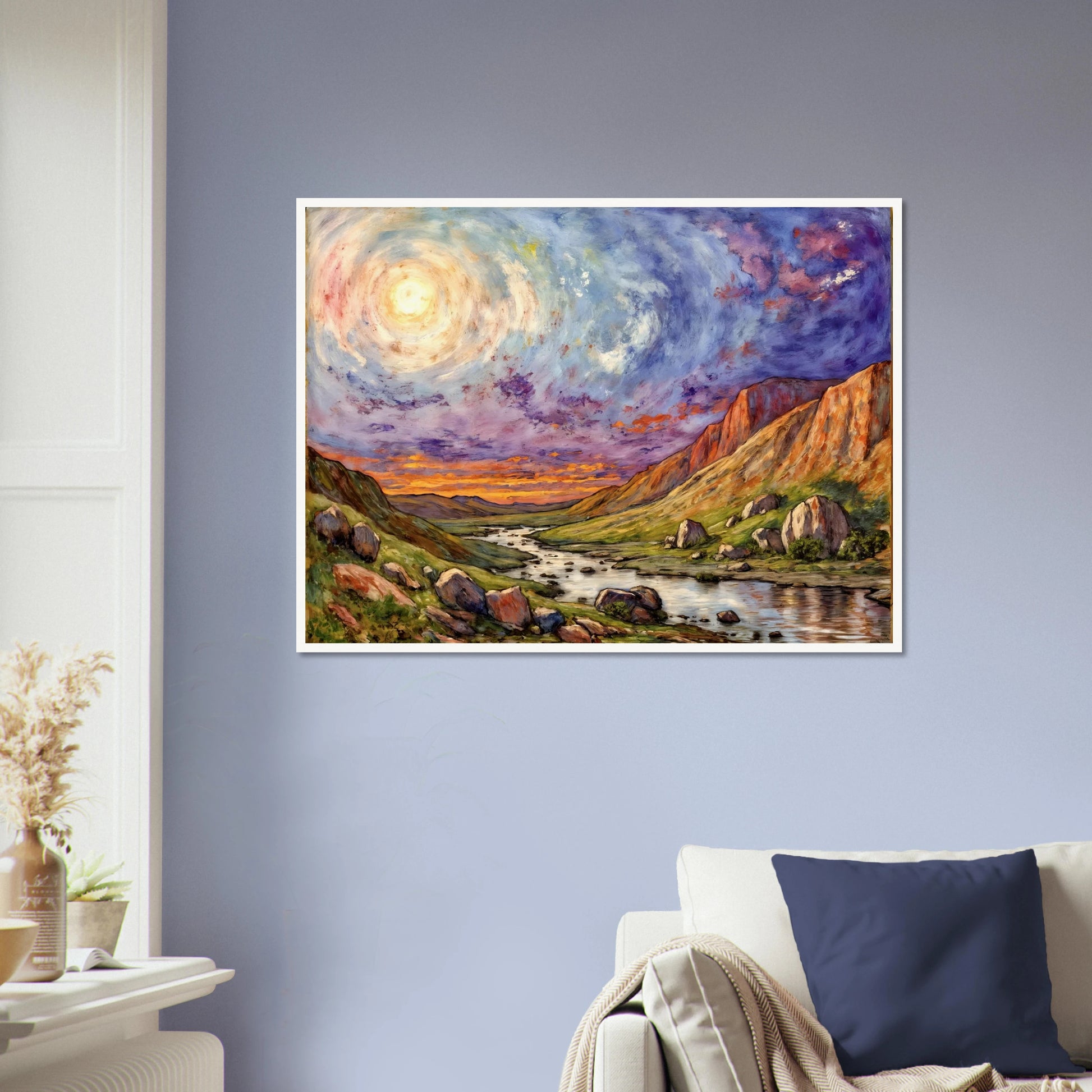 Luminous swirling sky above a rugged canyon valley with winding river, glowing cliffs, and vibrant twilight tones in a dramatic landscape.