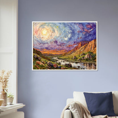 Luminous swirling sky above a rugged canyon valley with winding river, glowing cliffs, and vibrant twilight tones in a dramatic landscape.