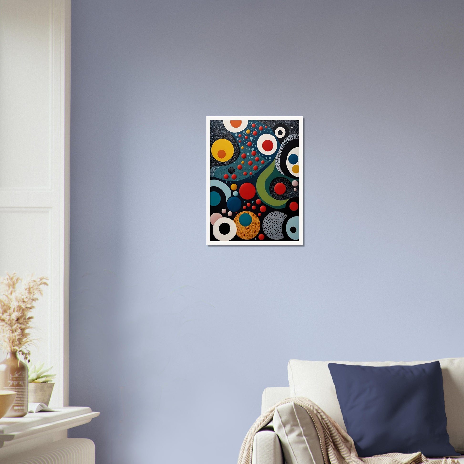 A vibrant geometric painting with bold circles, dots, and flowing shapes in red, blue, yellow, and black, resembling a cosmic abstract scene.