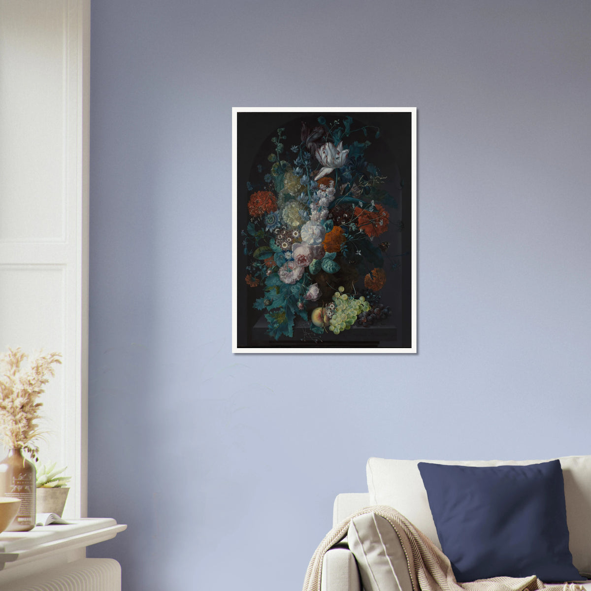 Lavish bouquet of tulips, roses, and peonies with grapes and peaches against a dark background.