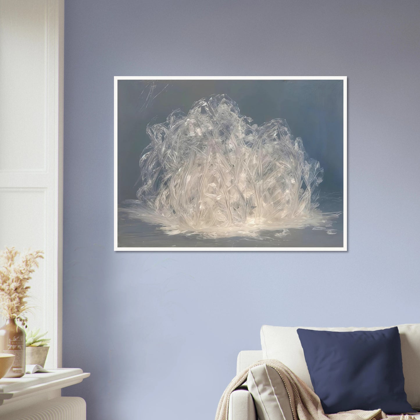 Luminous crystalline strands gather like frozen grass or glass fibers, glowing softly against a cool misty blue-gray expanse.