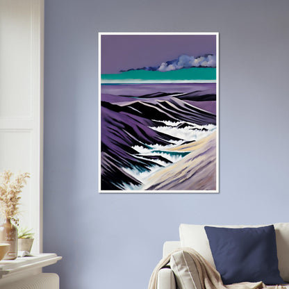 A striking seascape with deep purple mountains, foamy white waves, and a teal horizon beneath dramatic cloud formations.