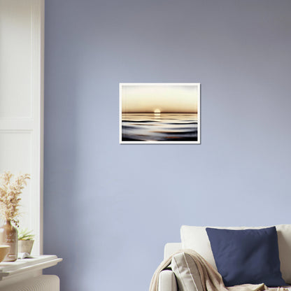 A minimalist seascape capturing the calm of sunrise, where golden light reflects softly on gentle ocean waves.