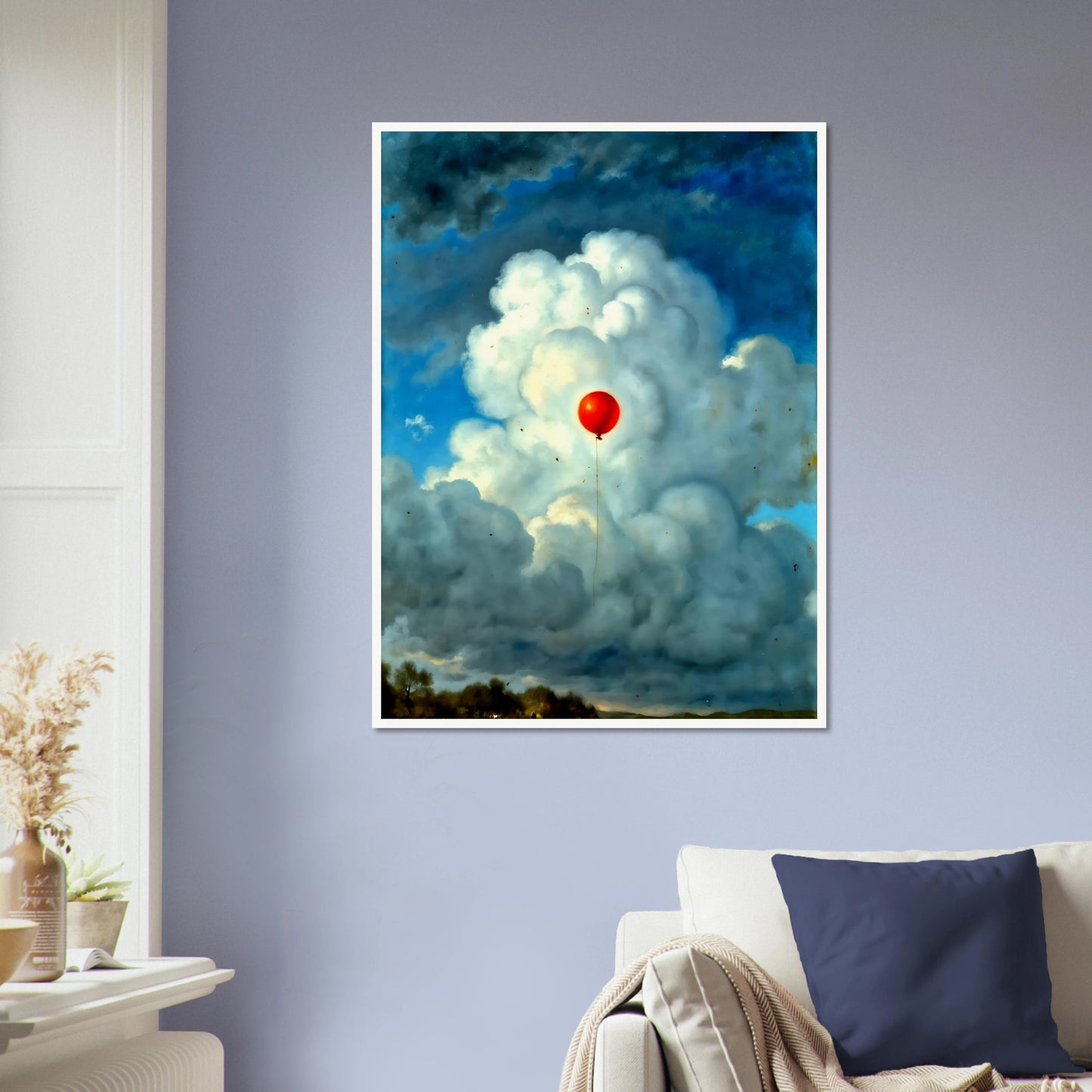 Single red balloon floating through towering white clouds against a dramatic blue sky, creating a surreal scene of hope and wonder.