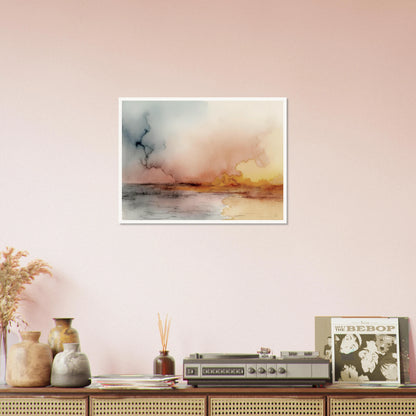 A soft watercolor landscape of fading skies, glowing yellow clouds, and tranquil reflections on a quiet lakeshore at dusk.