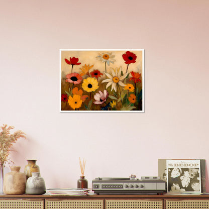 White daisies, red poppies, and golden flowers bloom across a warm meadow scene.