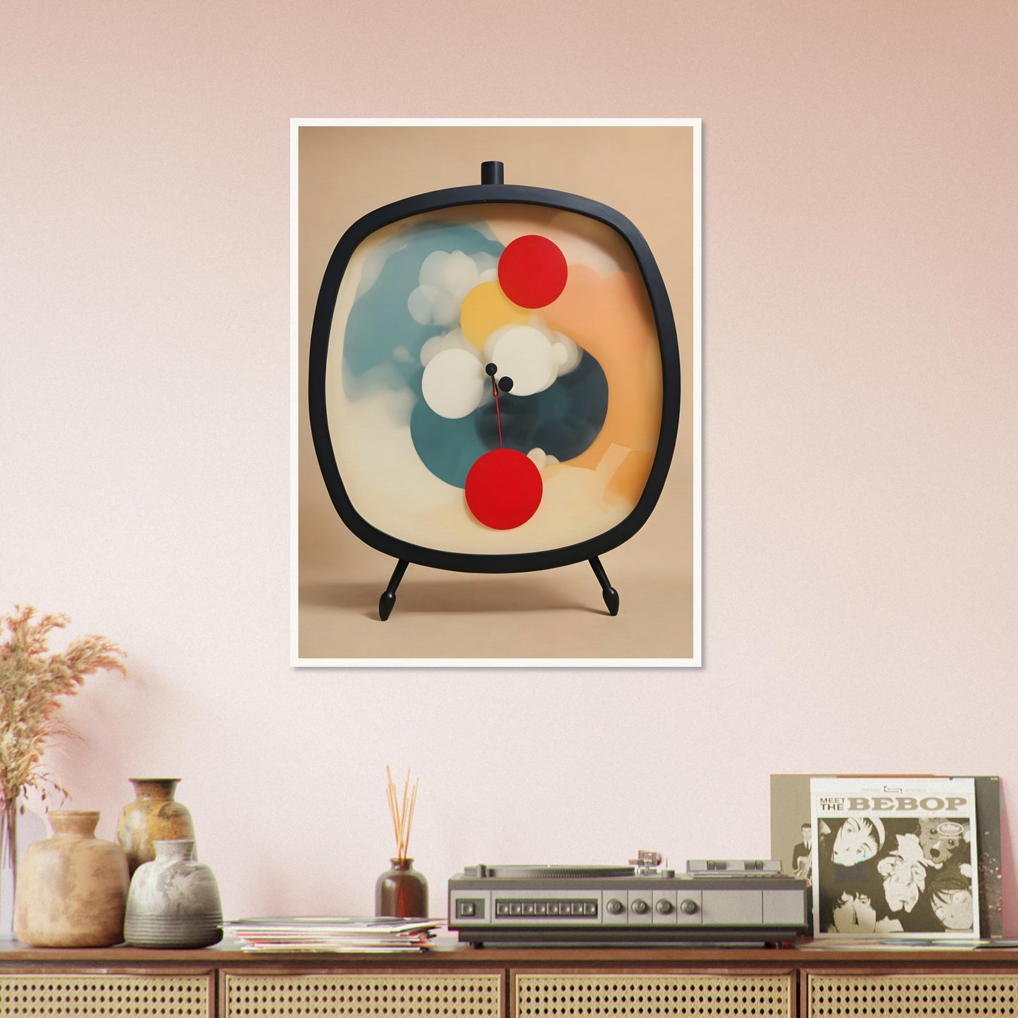 An abstract artwork of a clock with a black oval frame and tripod legs, featuring vibrant circular shapes in red, yellow, white, and teal against a soft beige background.