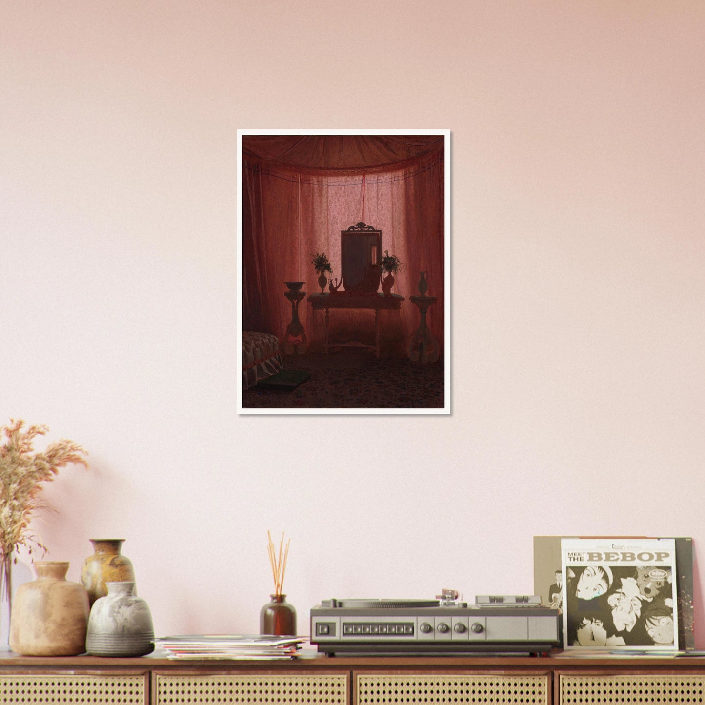 A softly lit bedroom glows through pink drapery, framing a mirror, flower vases, elegant furniture, and part of a bed.