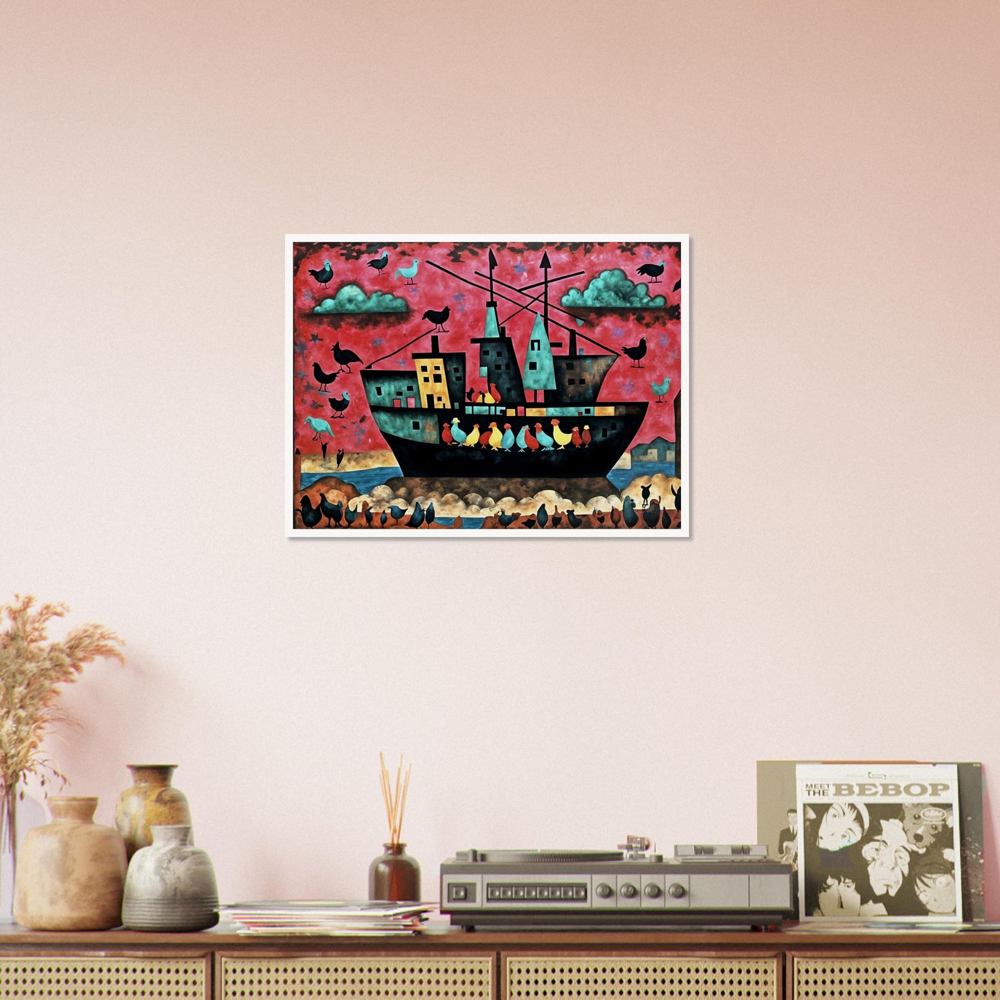 A surreal ship filled with colorful birds sails under a red sky, with more birds flying and perching around, creating a whimsical scene.