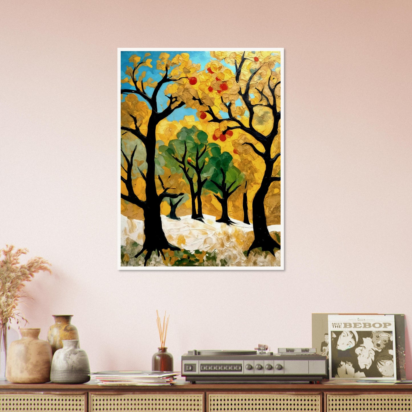 A vibrant painting of golden and green trees with hints of red fruit, capturing the essence of an autumn orchard bathed in sunlight.