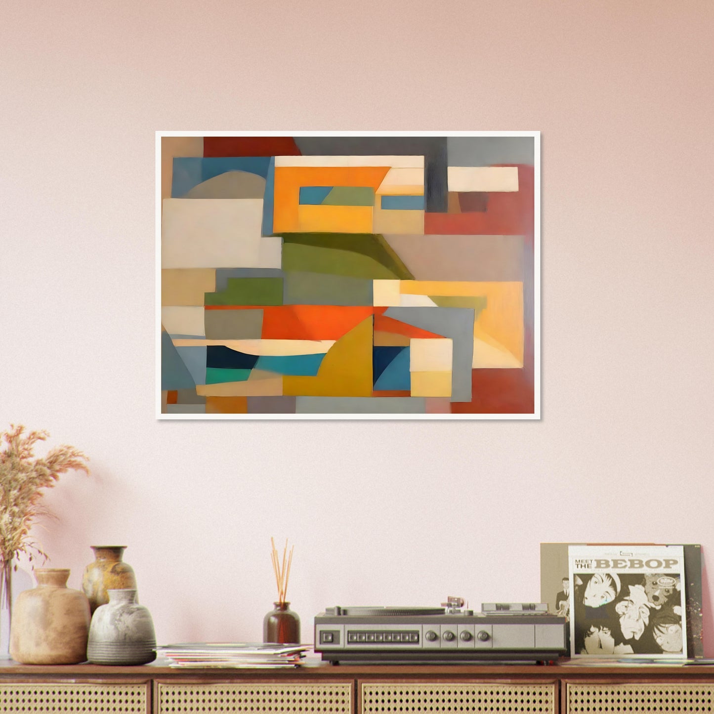 A geometric abstract painting with overlapping shapes in earthy tones of orange, yellow, green, blue, and beige, creating a harmonious composition.