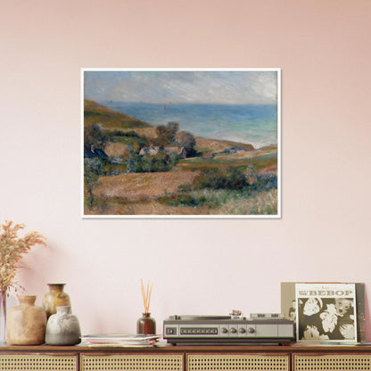 A Normandy coast with grassy fields, cottages, and a calm blue sea beneath a pale sky.
