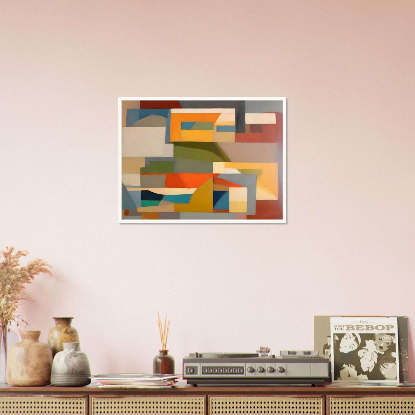 A geometric abstract painting with overlapping shapes in earthy tones of orange, yellow, green, blue, and beige, creating a harmonious composition.