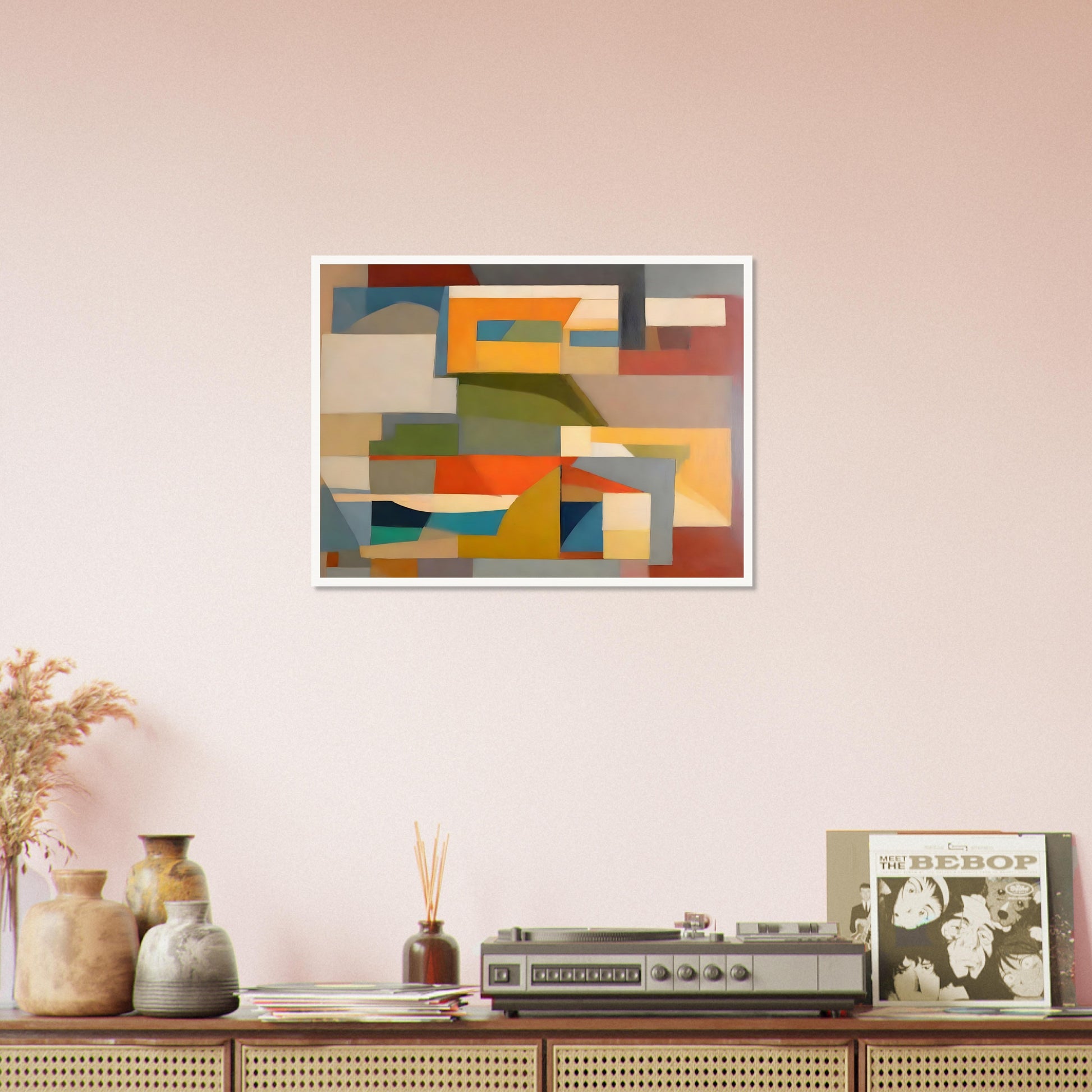 A geometric abstract painting with overlapping shapes in earthy tones of orange, yellow, green, blue, and beige, creating a harmonious composition.