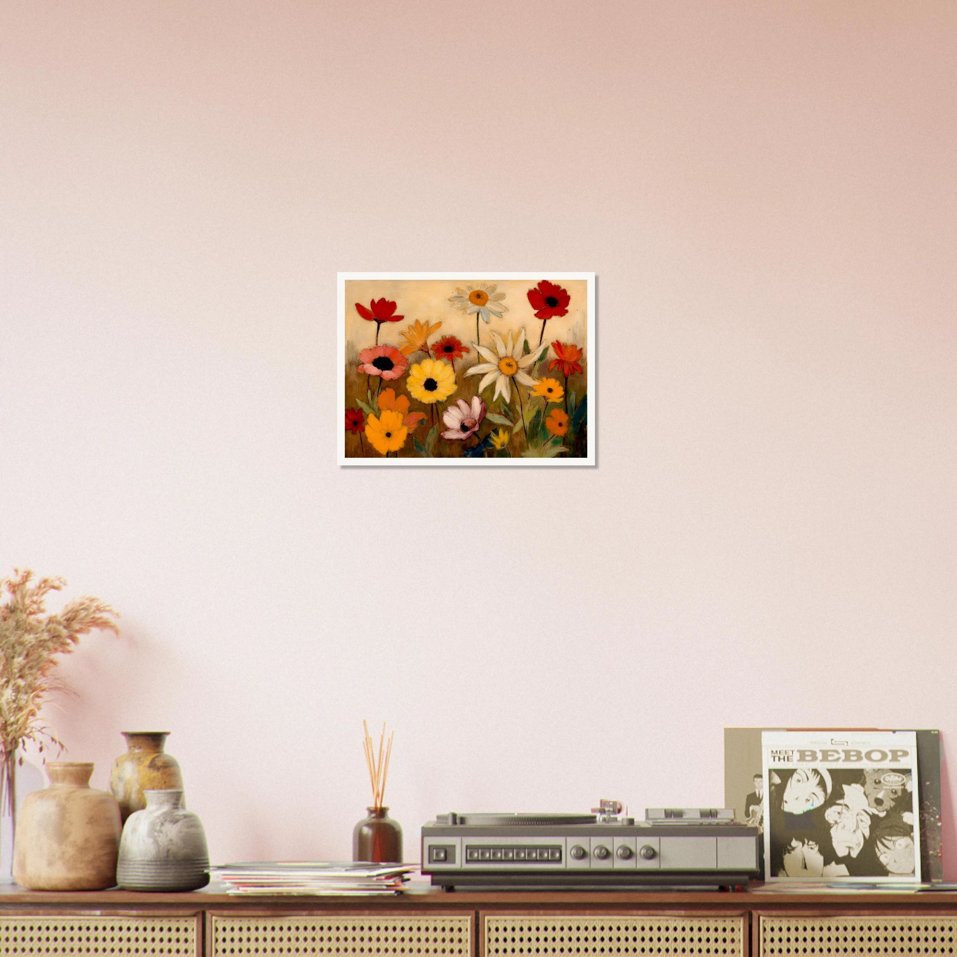 White daisies, red poppies, and golden flowers bloom across a warm meadow scene.