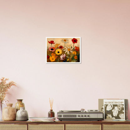 White daisies, red poppies, and golden flowers bloom across a warm meadow scene.
