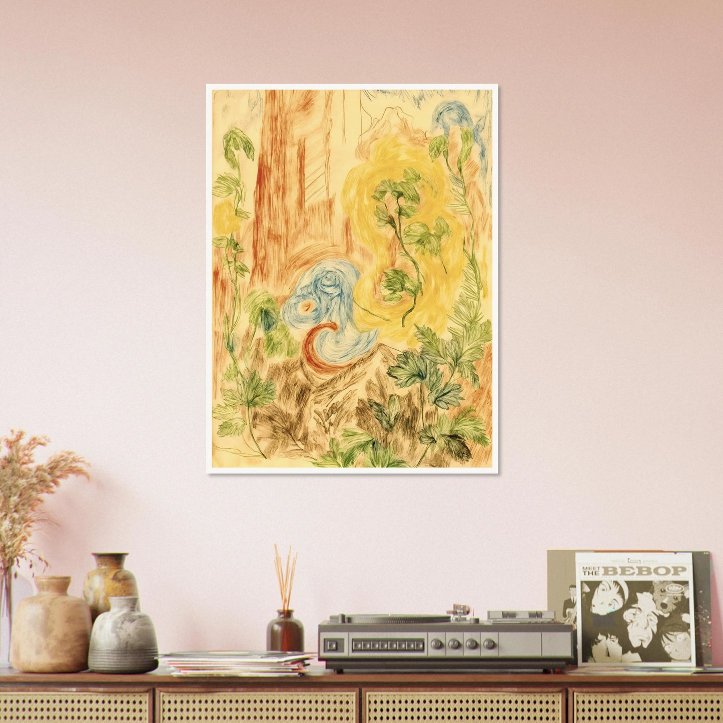Delicate botanical sketches and flowing abstract forms intertwine in soft greens, golds, and blues across a dreamlike woodland-inspired composition.
