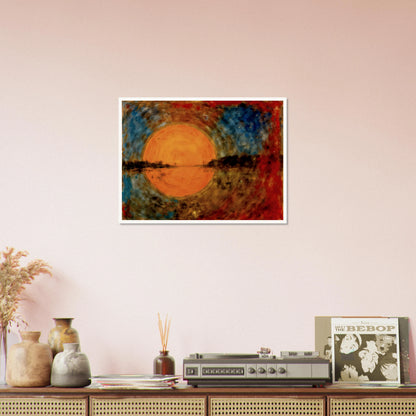 A radiant orange sun glows over reflective waters, framed by fiery reds, deep blues, and textured skies in a dreamlike scene.